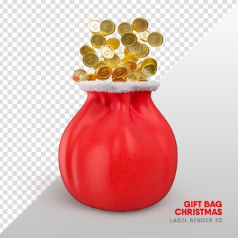 Weihnachtsmann-geschenktüte mit münzen 3d-render realistisch