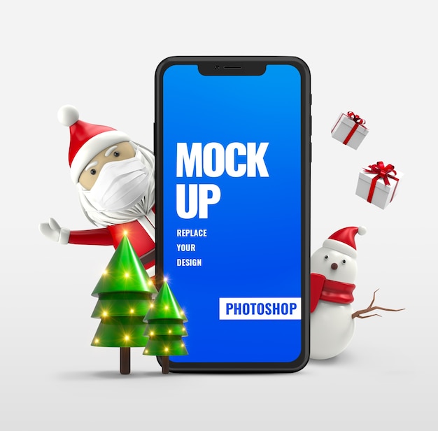 Weihnachtsmann mit schneemann-smartphone-modellwerbung