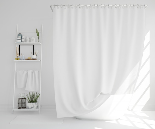 weiße Badewanne mit Vorhang und Regal