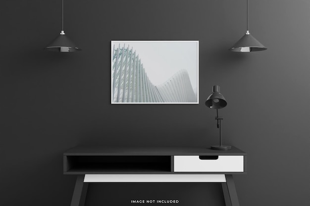 Weißes horizontales poster oder fotorahmenmodell mit tisch im wohnzimmer auf leerem schwarzem wandhintergrund. 3d-rendering.
