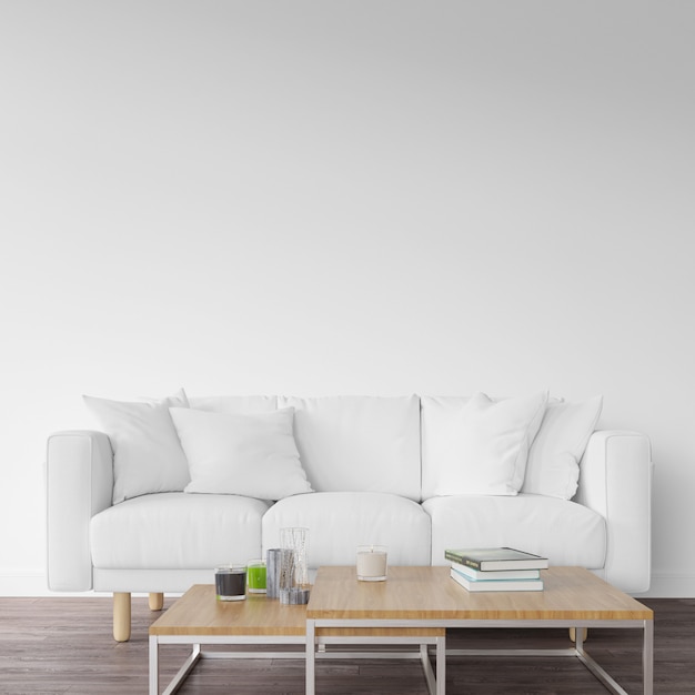 weißes Sofa und Holztisch