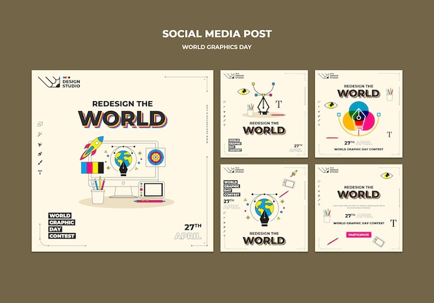 Kostenlose PSD weltgrafiktag social media posts pack