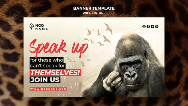 Kostenlose PSD wild natur banner vorlage mit foto von gorilla