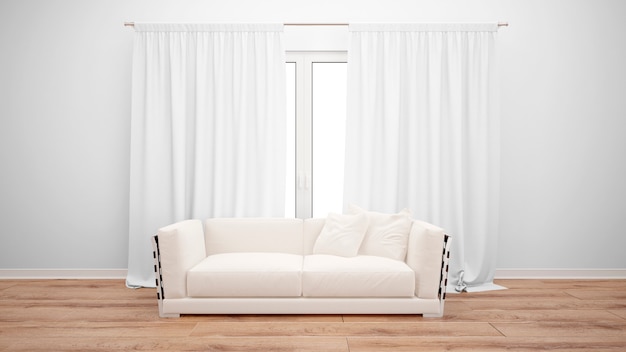 Wohnzimmer mit minimalistischem Sofa und großem Fenster mit weißen Vorhängen