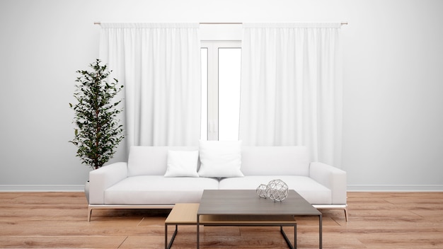 Wohnzimmer mit minimalistischem sofa und großem fenster mit weißen vorhängen
