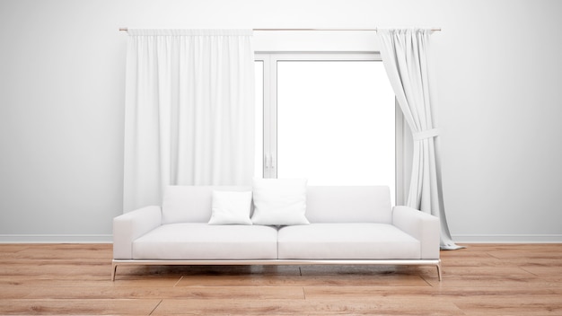 Wohnzimmer mit minimalistischem Sofa und großem Fenster mit weißen Vorhängen