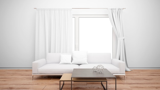 Wohnzimmer mit minimalistischer couch und großem fenster mit weißen vorhängen