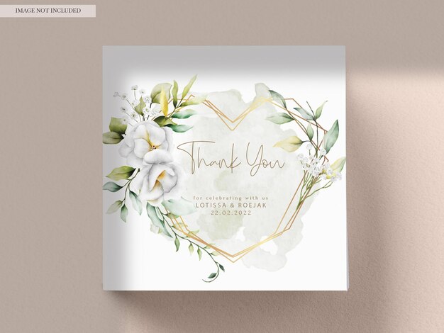 wunderschöne Aquarell-Hochzeitseinladung mit grünen Blättern und weißen Blumen