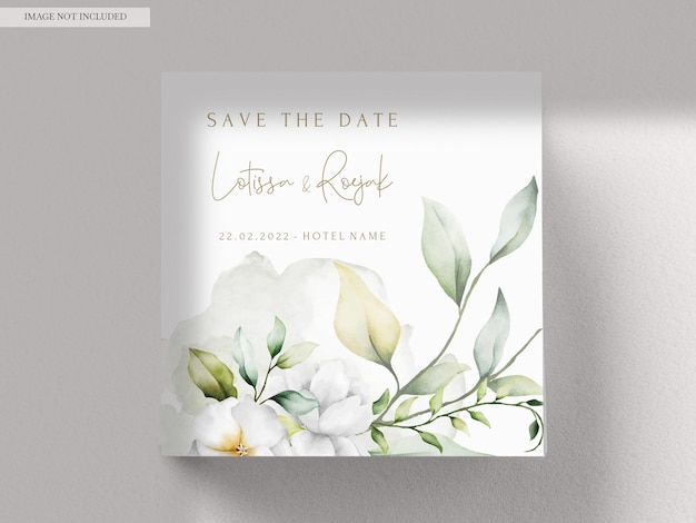 Kostenlose PSD wunderschöne aquarell-hochzeitseinladung mit grünen blättern und weißen blumen