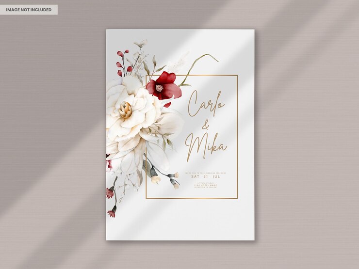 Kostenlose PSD wunderschöne aquarell-hochzeitseinladungskarte mit eleganter böhmischer blume und blattwerk