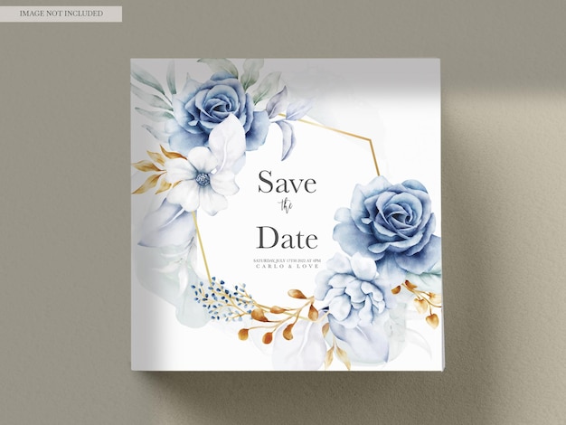 Kostenlose PSD wunderschöne hochzeitseinladung mit blauem und goldenem blumenornament