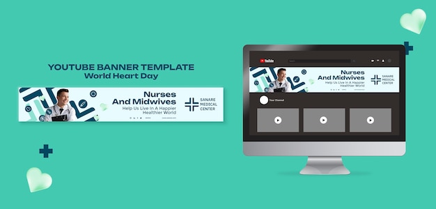 Kostenlose PSD youtube-banner zum weltherztag im flachen design