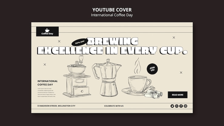 Kostenlose PSD youtube-cover-vorlage für den internationalen kaffeetag