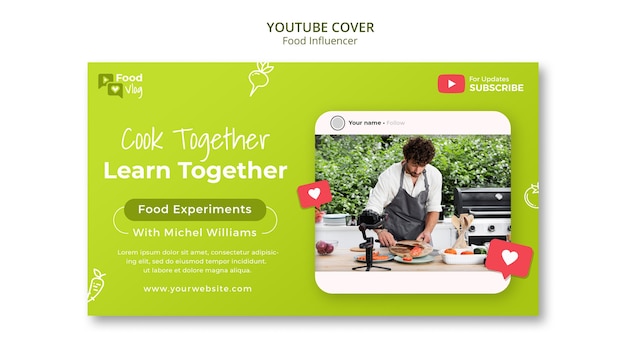 Kostenlose PSD youtube-cover-vorlage für food-influencer mit flachem design