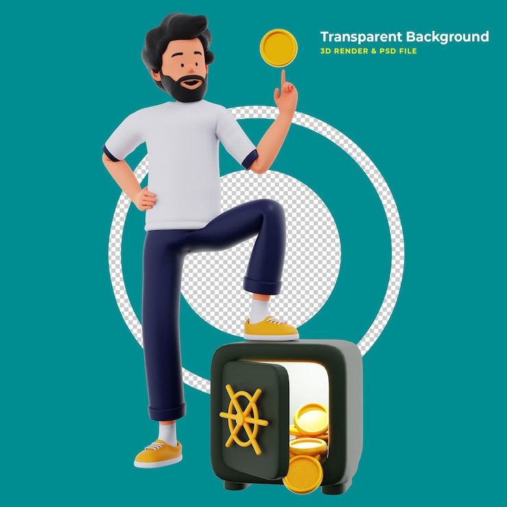 Kostenlose PSD zeichentrickfigur mit safe und gold 3d-illustration