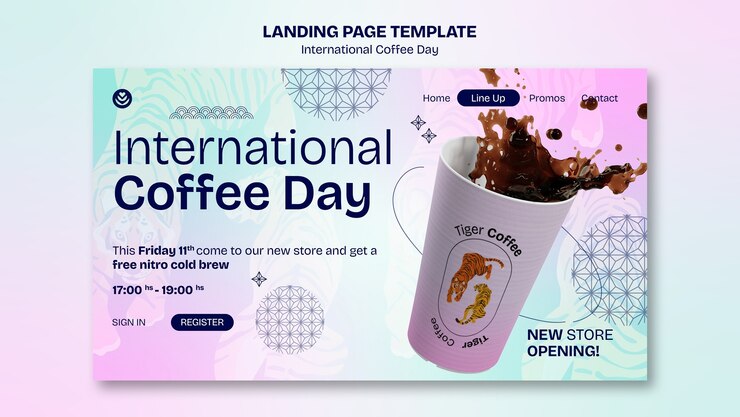 Kostenlose PSD zielseitenvorlage für den internationalen kaffeetag