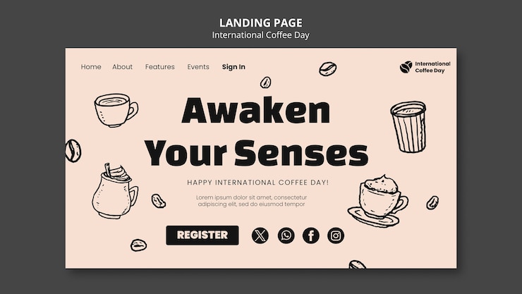 Kostenlose PSD zielseitenvorlage für den internationalen kaffeetag