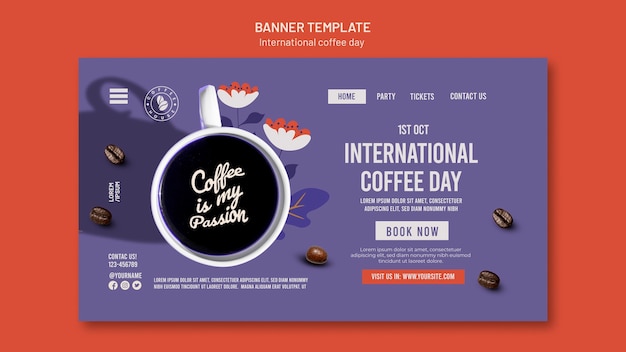 Kostenlose PSD zielseitenvorlage für den internationalen kaffeetag