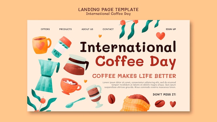 Kostenlose PSD zielseitenvorlage für den internationalen kaffeetag