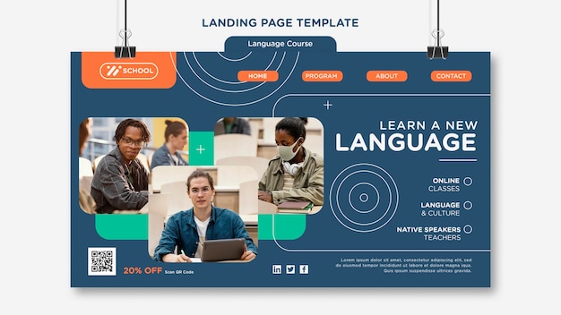 Kostenlose PSD zielseitenvorlage für sprachkurse mit geometrischen linien