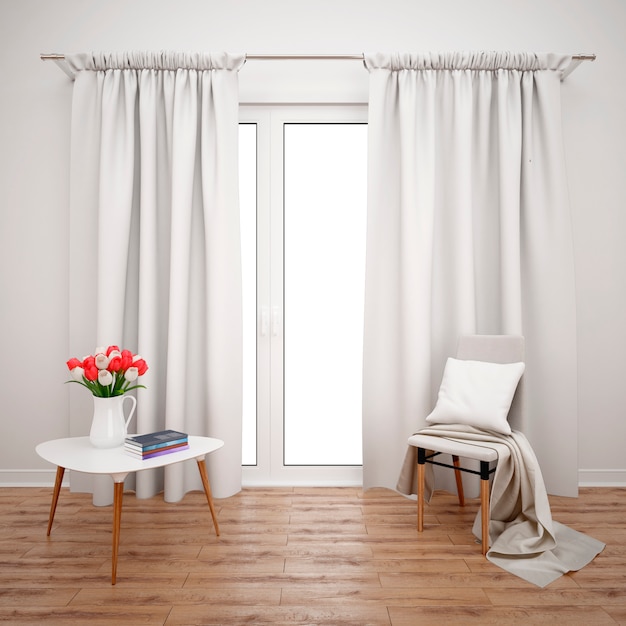 Zimmer mit minimalistischen Möbeln und großem Fenster mit weißen Vorhängen