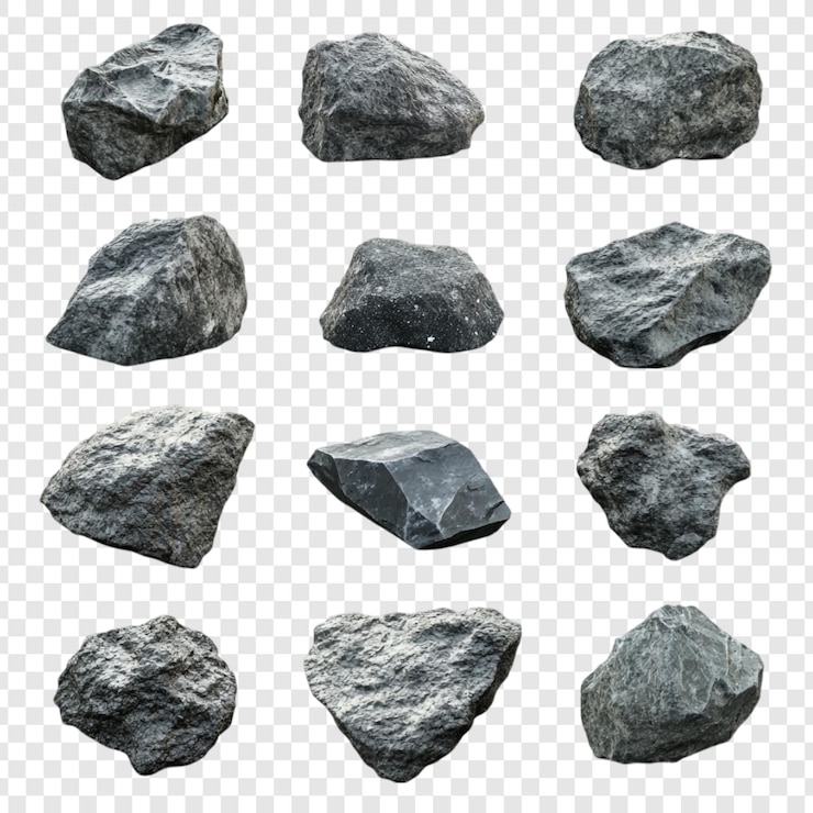 Kostenlose PSD zwölf graue felsen eine sammlung isolierter grauer steine auf durchsichtigem hintergrund