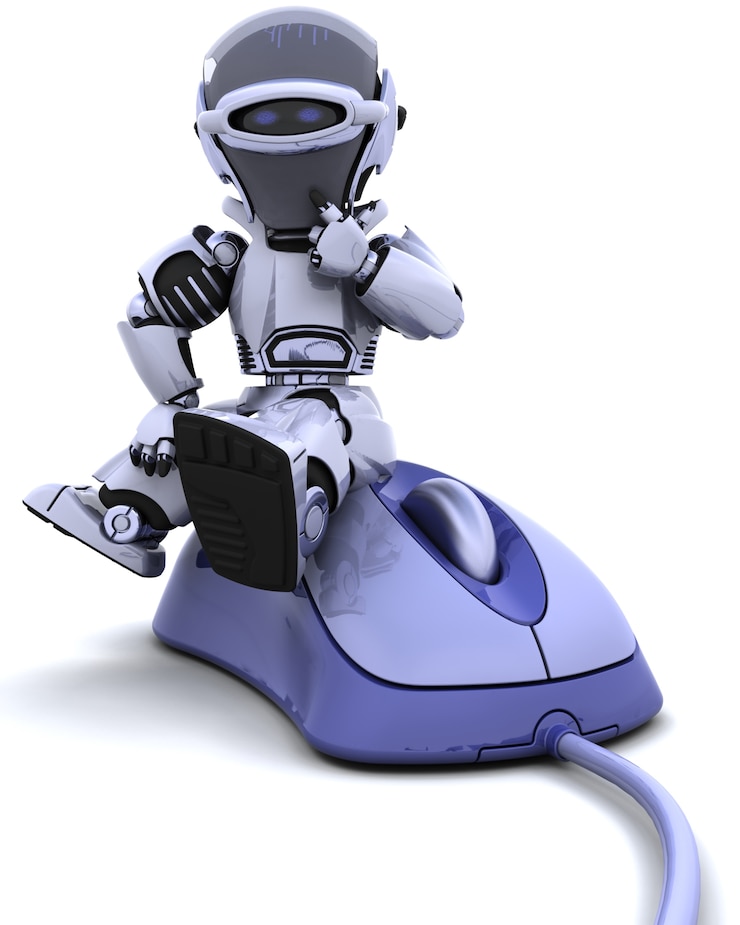 Gratis Foto 3d render of a robot sitting on a mouse