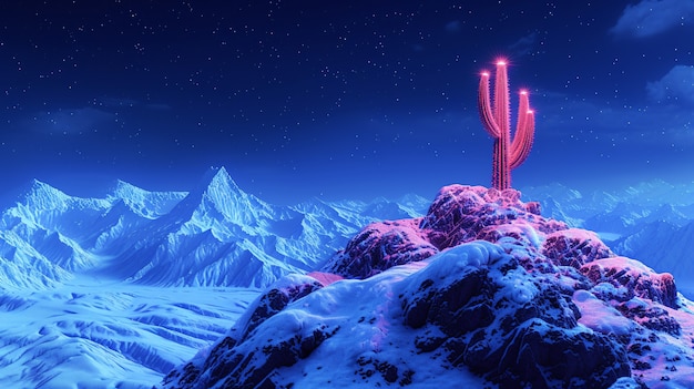 3D-rendering av livlig neonkaktus i ørkenen