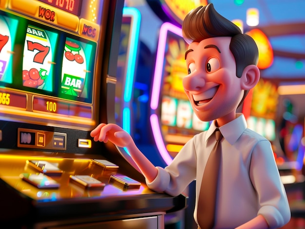 3D-rendering av tegneserie av person som spiller på et kasino