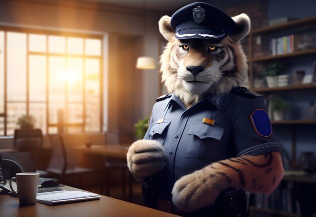 3D-rendering av tegneserie-tiger som politibetjent