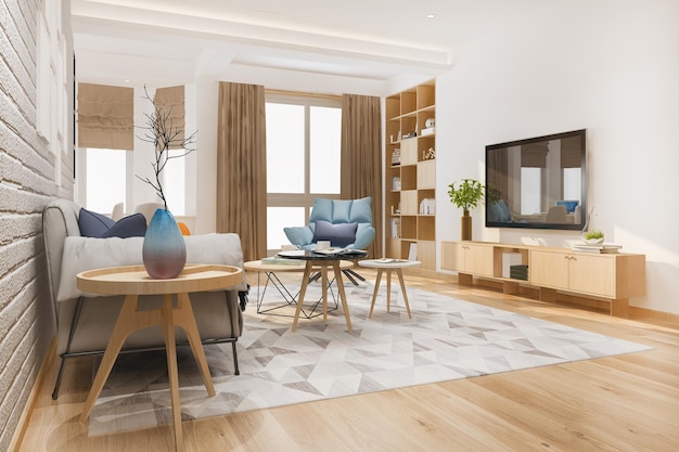 3D-rendering loft skandinavisk stue med arbeidsbord og bokhylle
