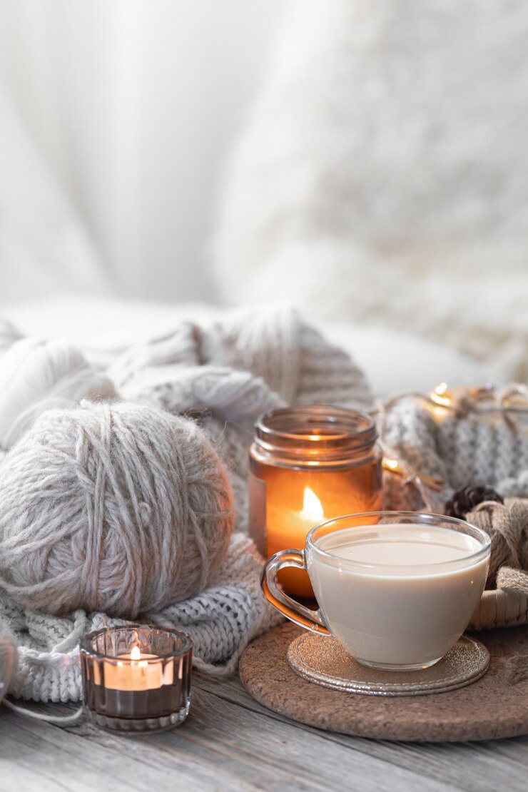 Gratis Foto a cozy composition with threads a candle and a cup of coffee hobby and home comfort concept