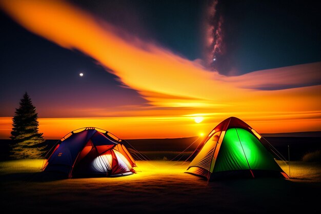 A tent is set up in the sunset
