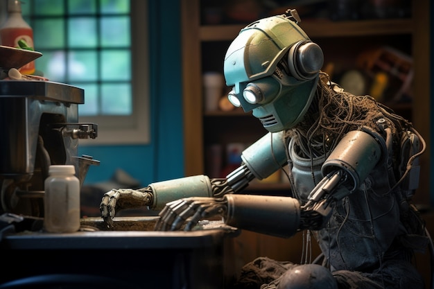 Antropomorfistisk futuristisk robot som utfører vanlige menneskelige jobber