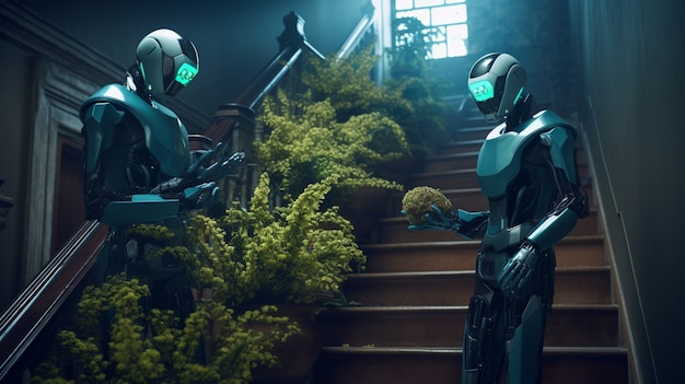 Antropomorfistisk futuristisk robot som utfører vanlige menneskelige jobber