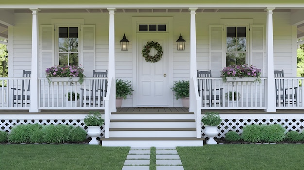 beautiful white house porch with green lawn and flower boxes