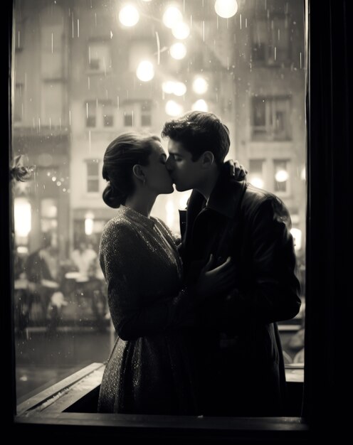 Black and white kissing portrait of couple