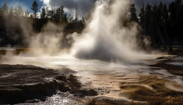 Boiling geyser sprays liquid in extreme terrain generated by AI