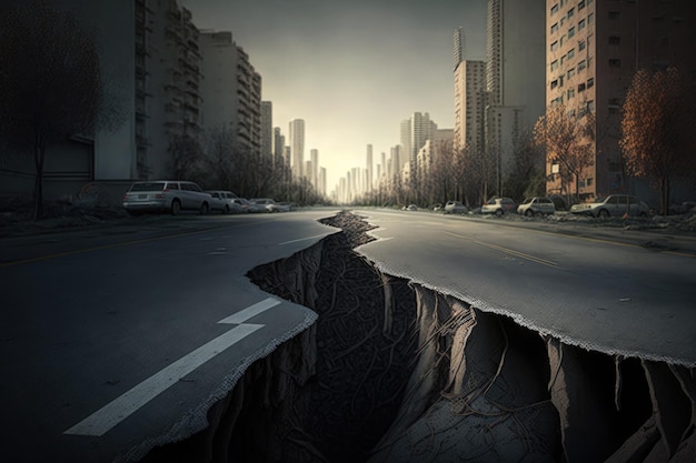 Broken road separating into two parts by an earthquake in a city Ai generative