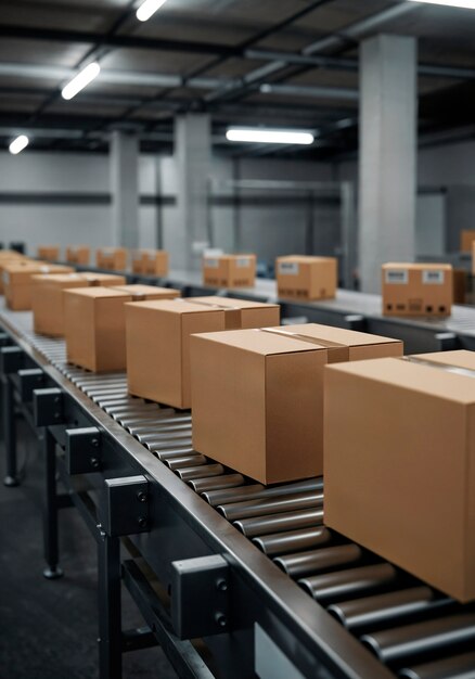 Cardboard boxes on a conveyor belt in a warehouse