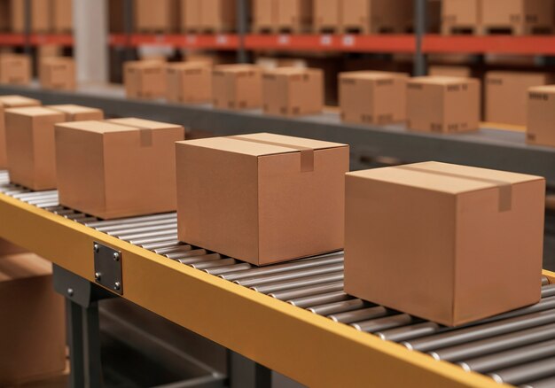 Cardboard boxes on a conveyor belt in a warehouse