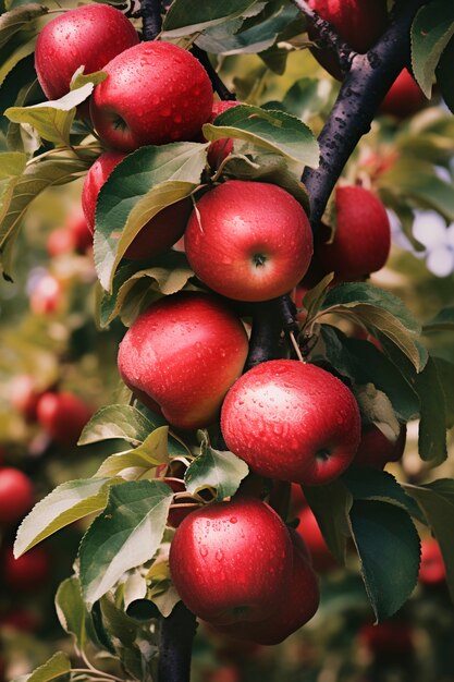 close up apples in tree
