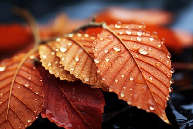 close-up of dry autumn leaves with dewdrops