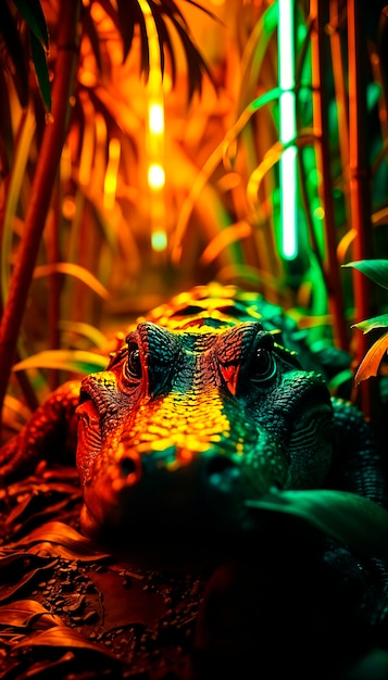 close up on crocodile in neon light