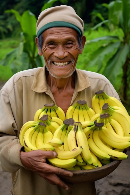 Close up on farmer with bananas