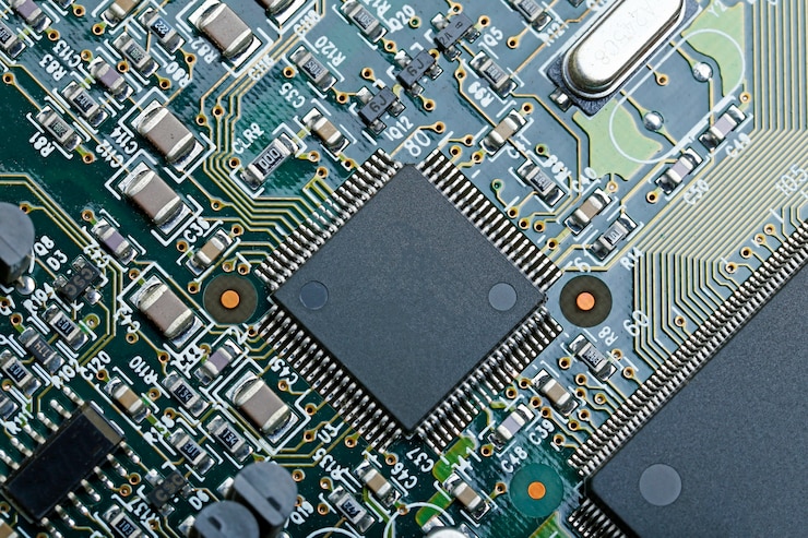 Gratis Foto closeup of electronic circuit board with cpu microchip electronic components background