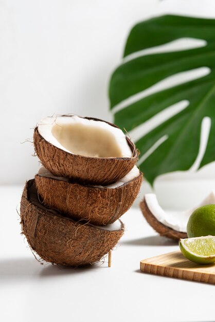 coconuts and leaf with white background