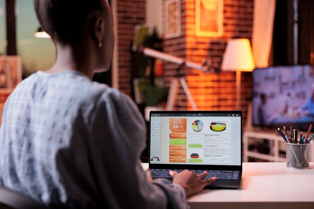 Corporate worker analyzing diagrams and charts with company marketing research, looking on laptop screen in home office in evening. Business research results data on computer