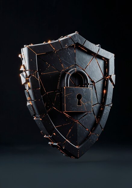 Cracked security shield with lock: cyber security breach