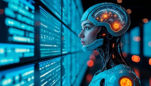 Cyberpunk cyborg analyzing data on screen